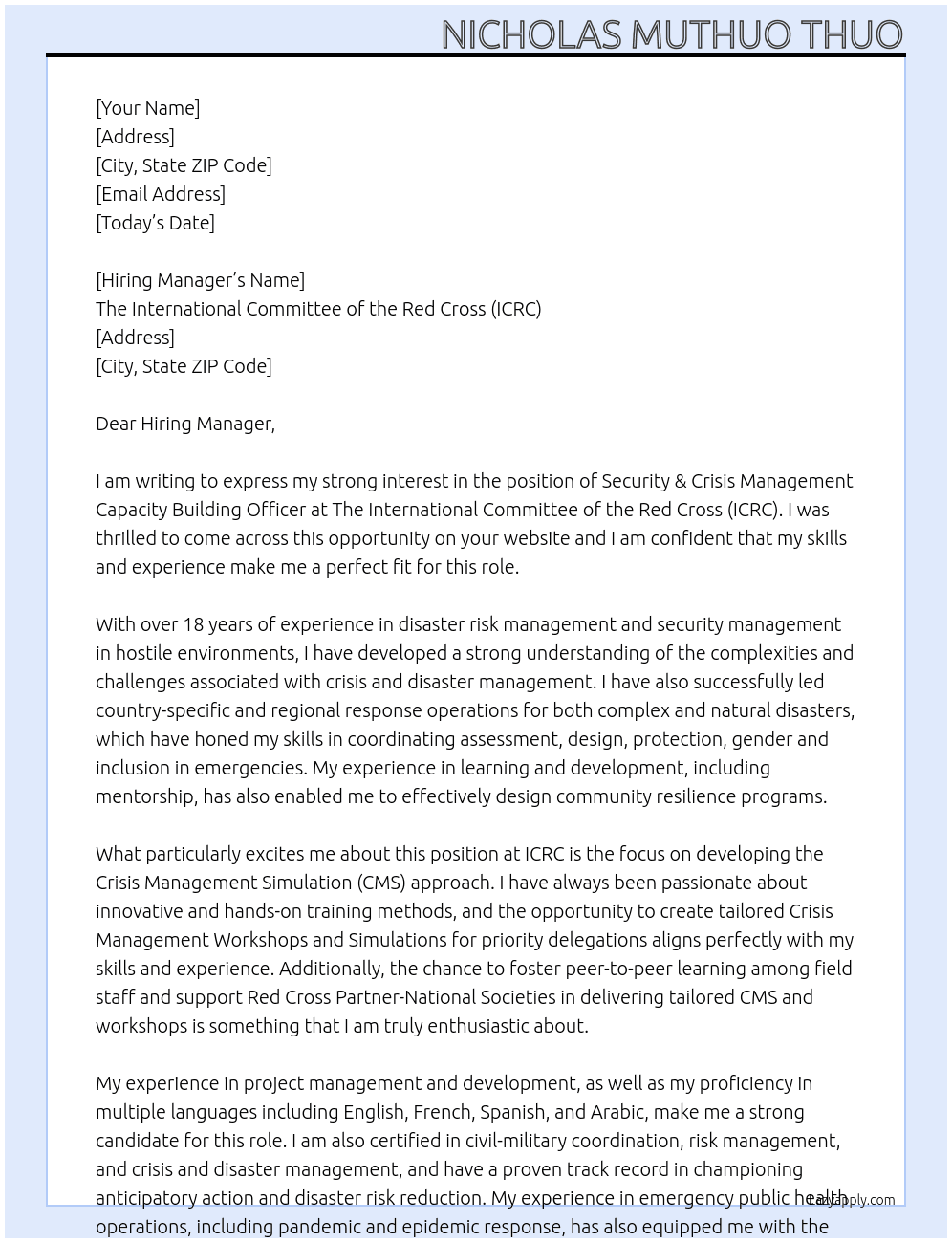 Cover letter for security & crisis management capacity building officer - LazyApply