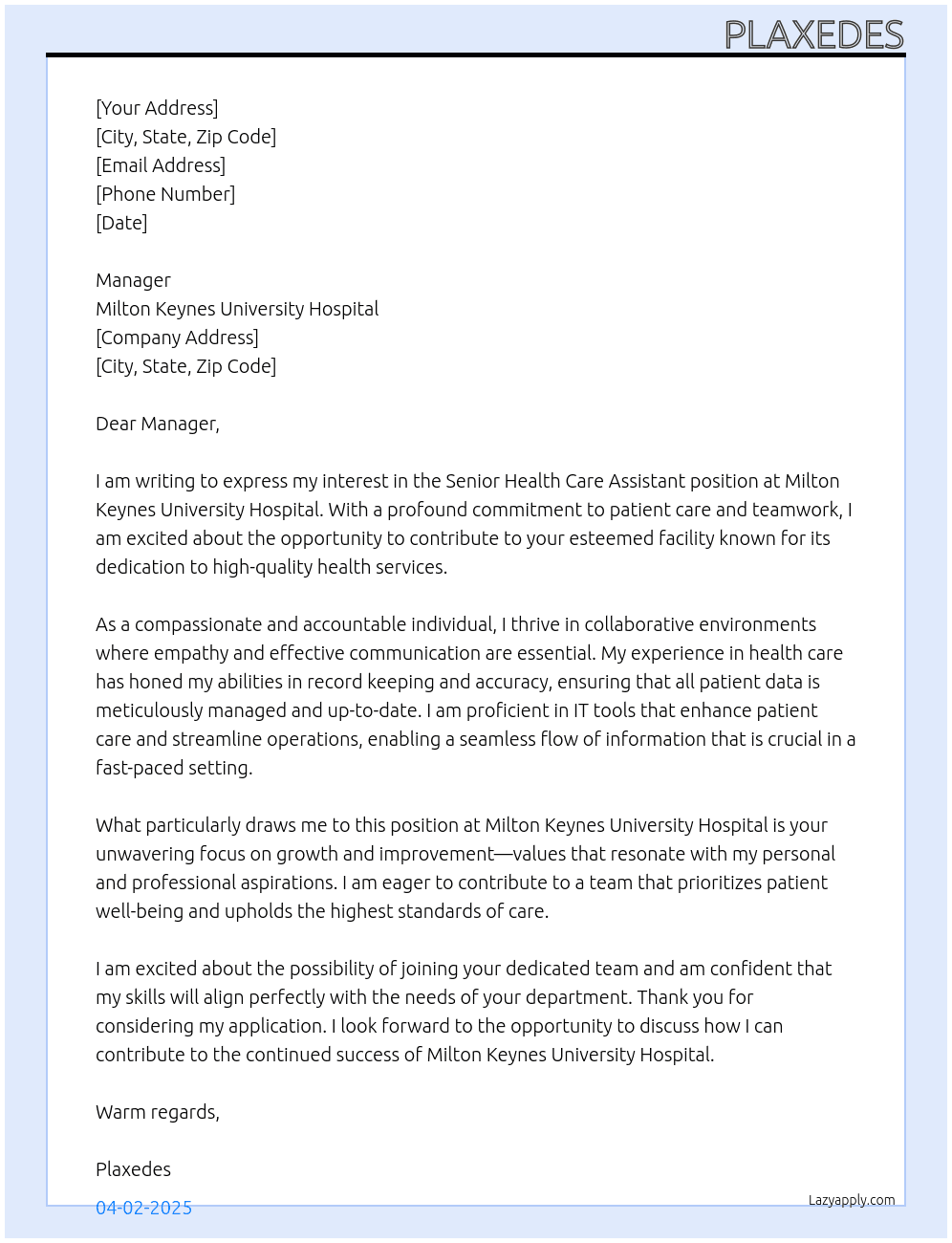 SENIOR HEALTH CARE ASSISTANT  At MILTON KEYNES UNIVERSITY HOSPITAL Cover Letter