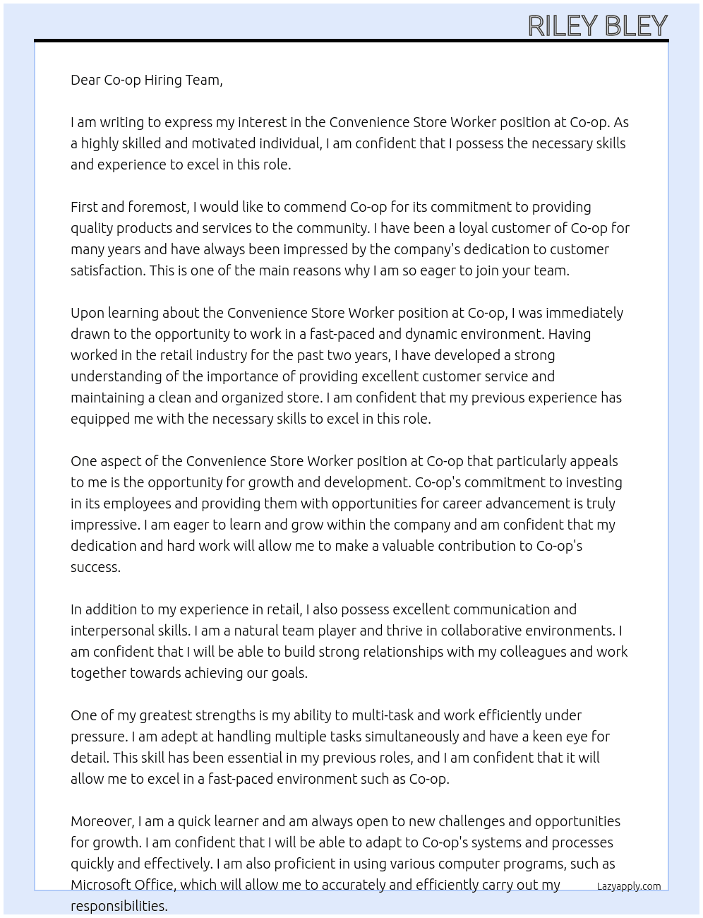 Convenience store worker At Co-op Cover Letter
