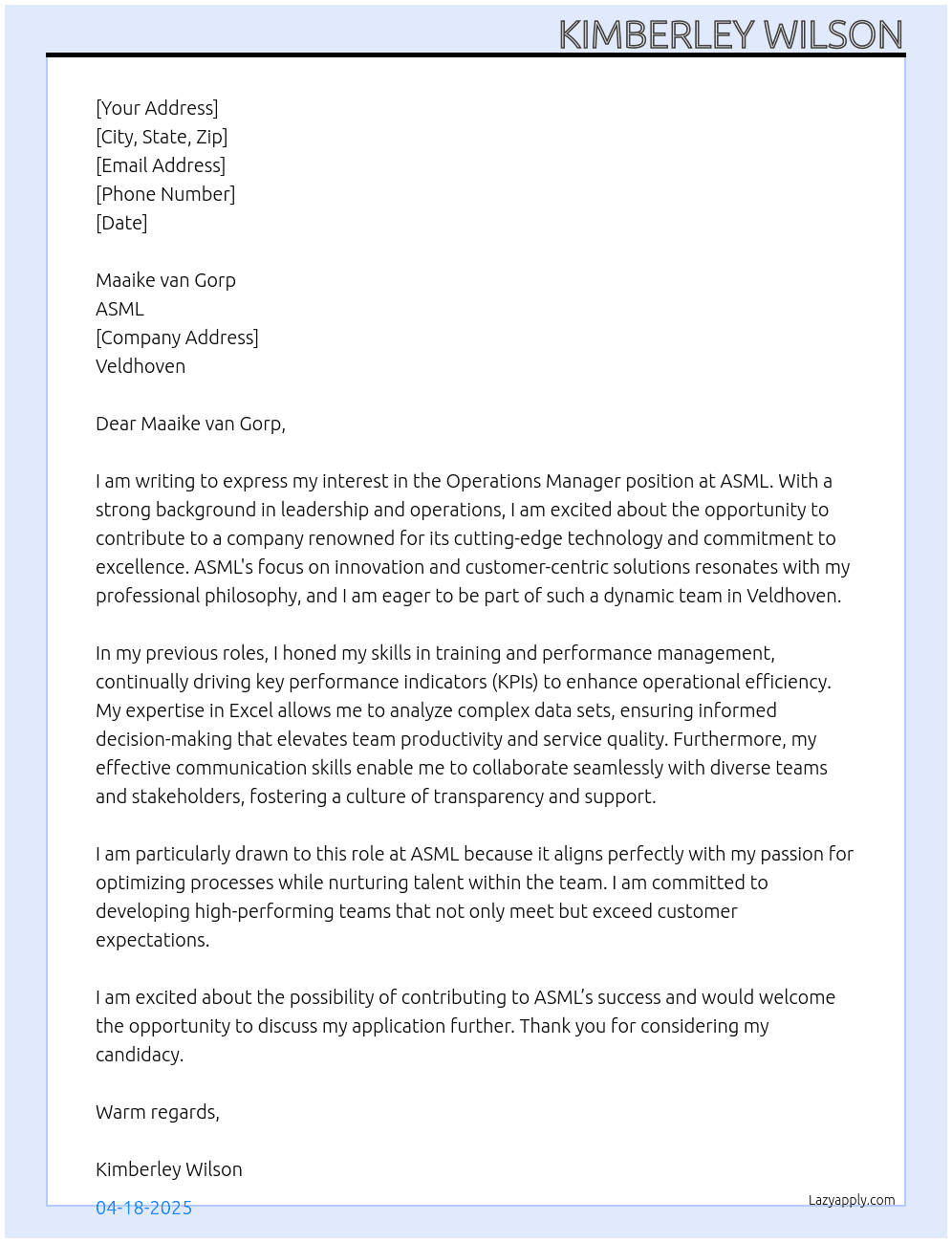 Operations manager At ASML Cover Letter