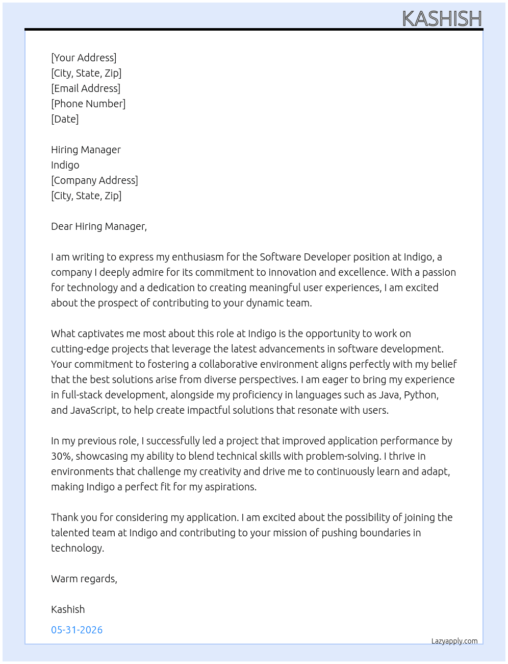 Soft developer  At Indigo  Cover Letter