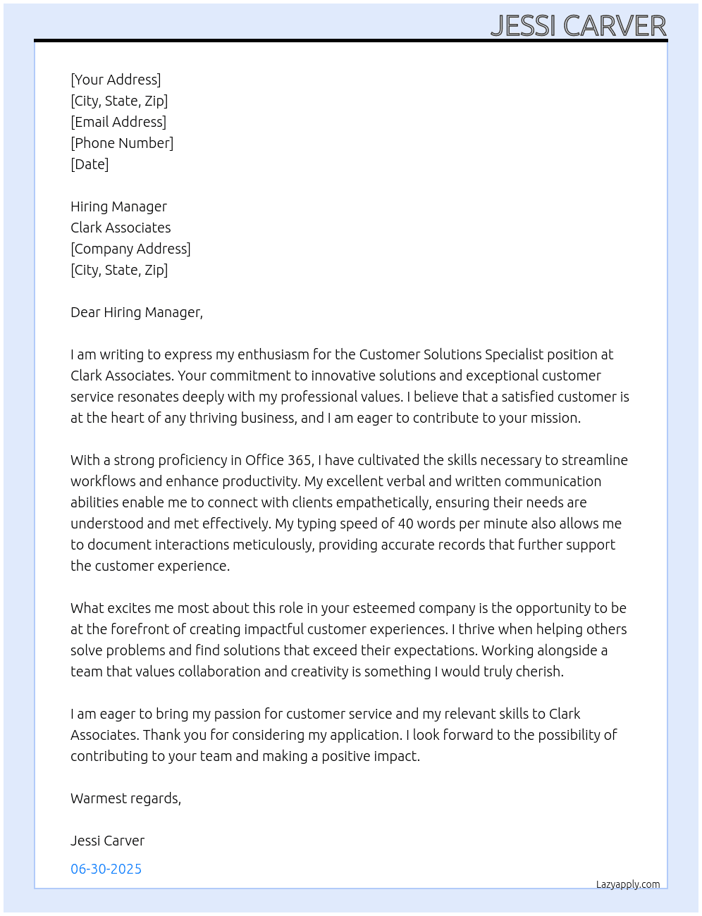 Customer solutions specialist At Clark associates Cover Letter