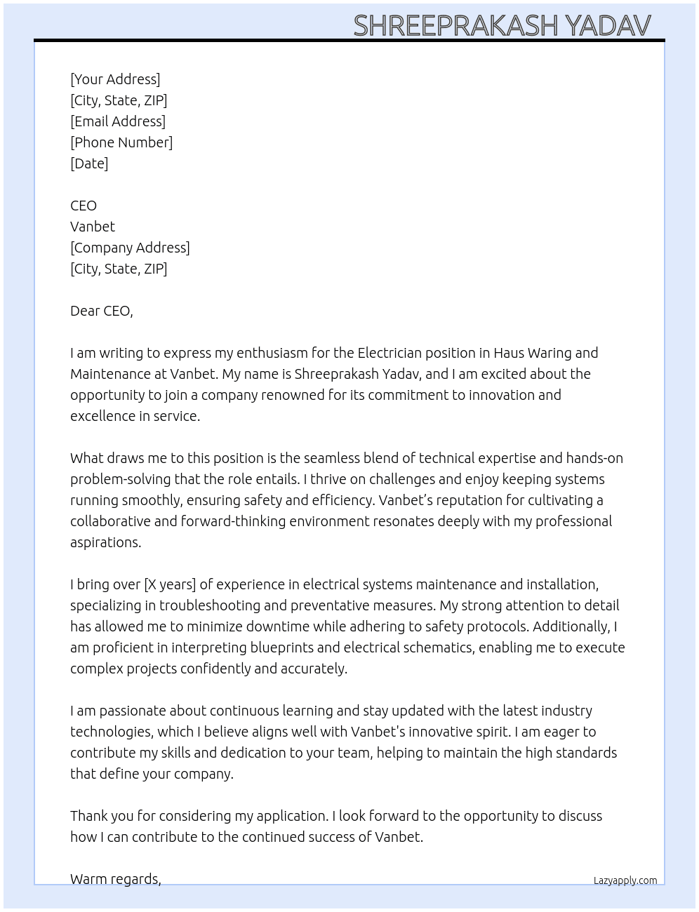 Electrician  Haus waring and maintenance  At Vanbet Cover Letter