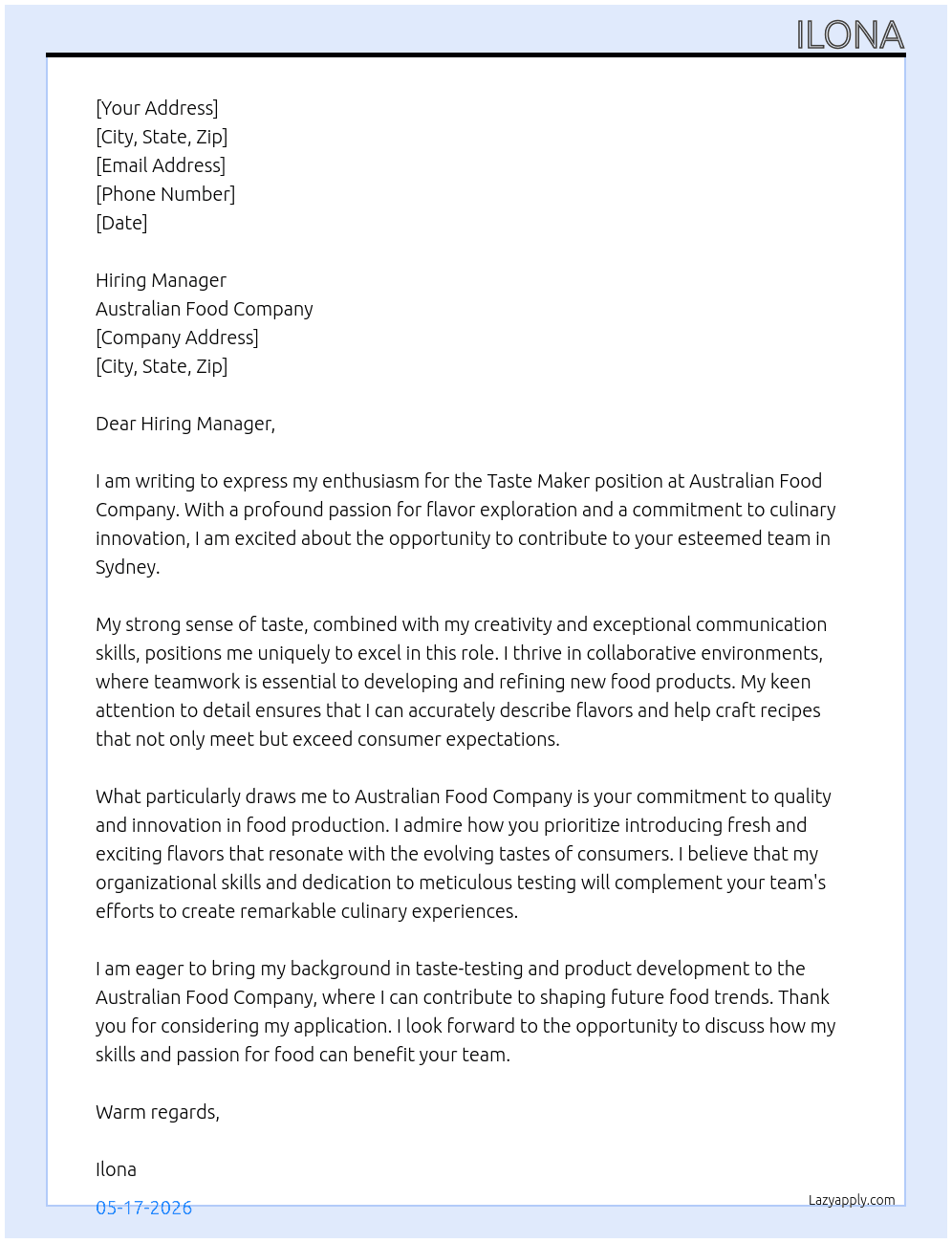 Cover letter for taste maker - LazyApply
