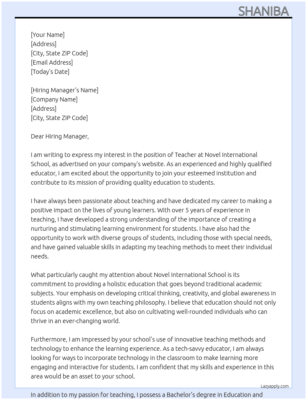 Teacher At Novel international school Cover Letter