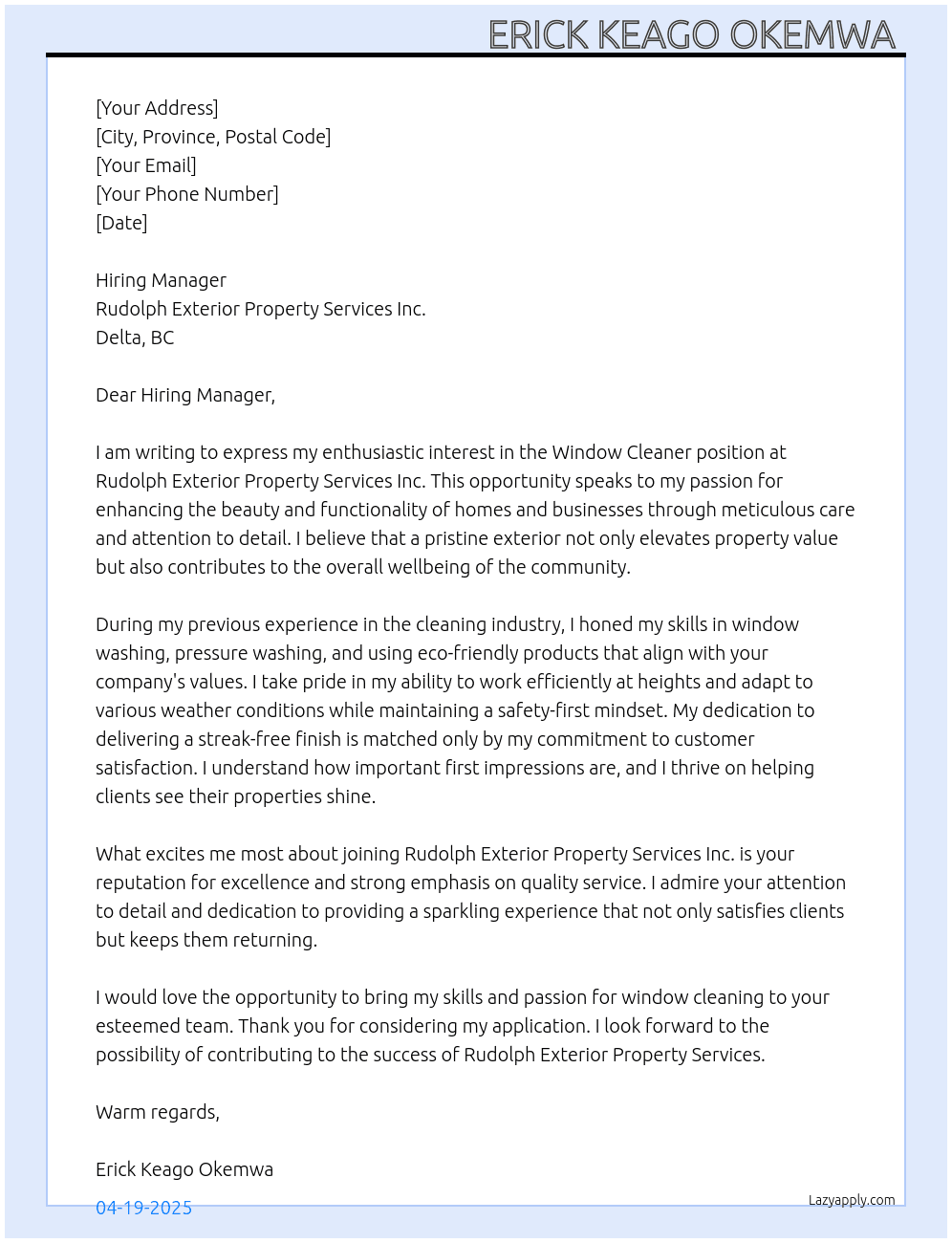 Window cleaner  At Rudolph Exterior Property Services Inc. Cover Letter