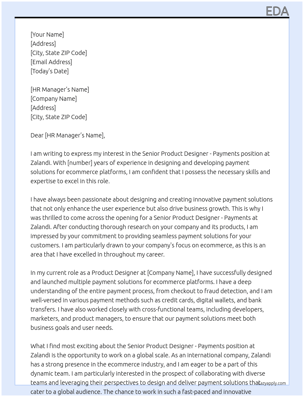 Senior Product Designer - Payments At Zalandi Cover Letter