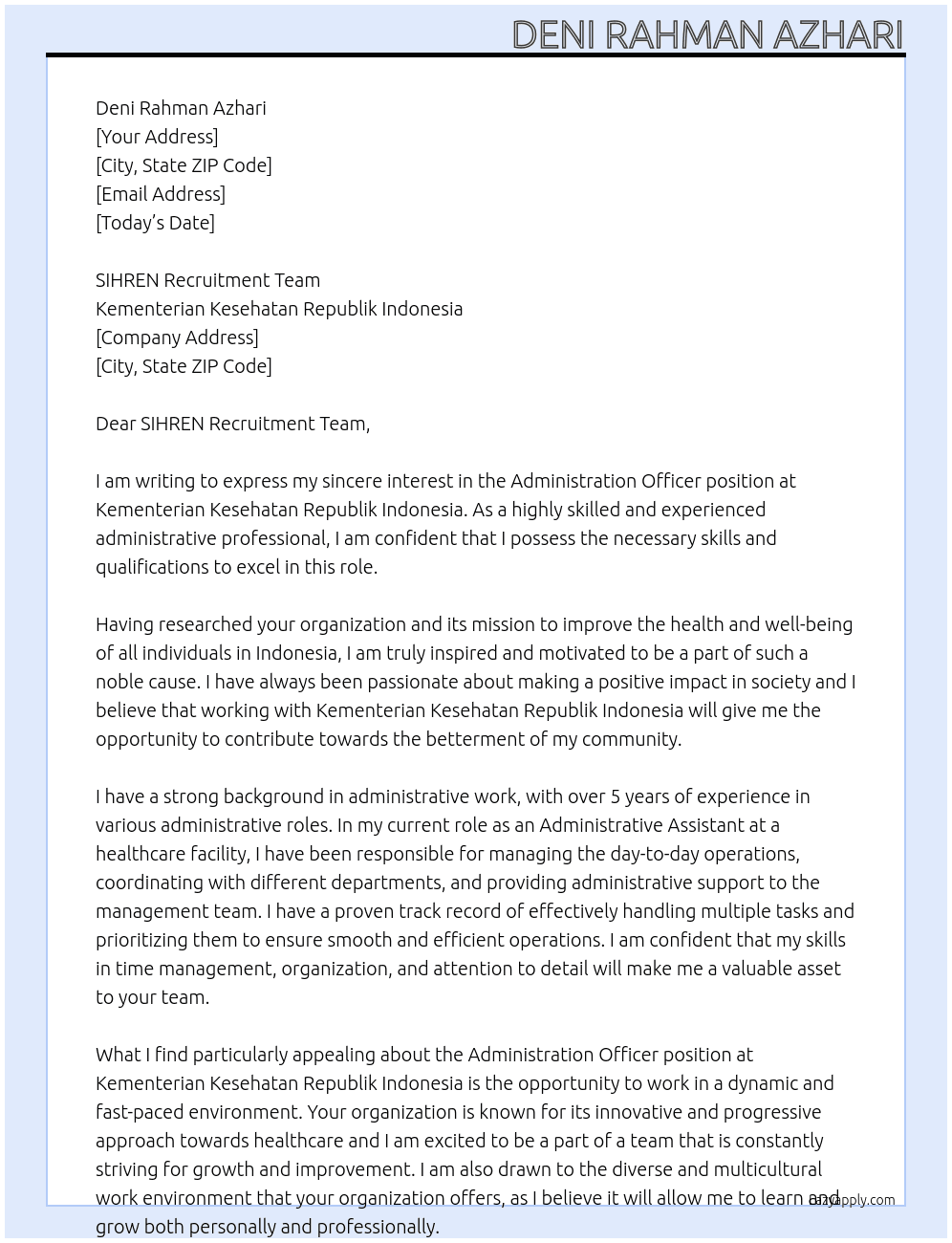 Administration Officer At Kementerian Kesehatan Republik Indonesa Cover Letter
