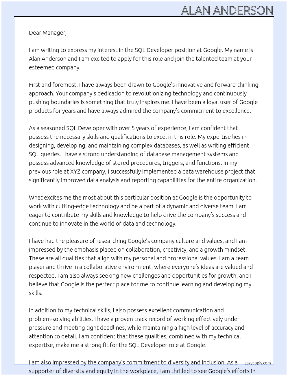 SQL Developer At google Cover Letter