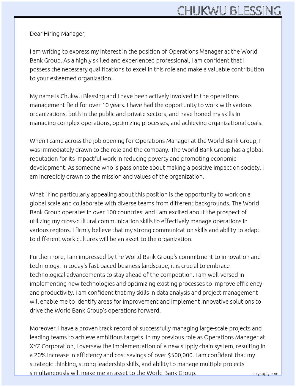 Operations Manager At World Bank Group Cover Letter