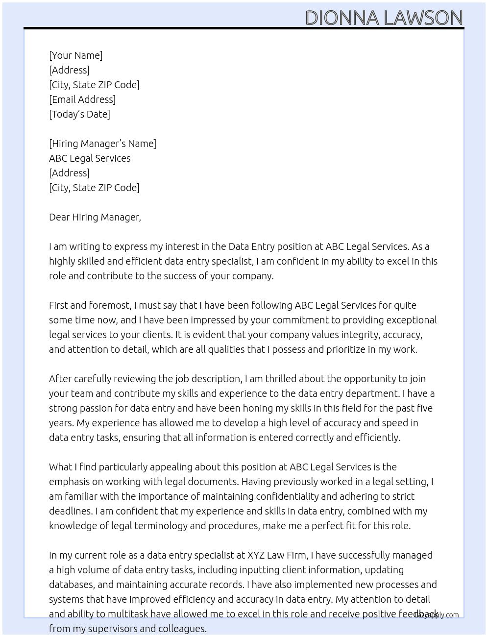 Data Entry At ABC Legal Services Cover Letter