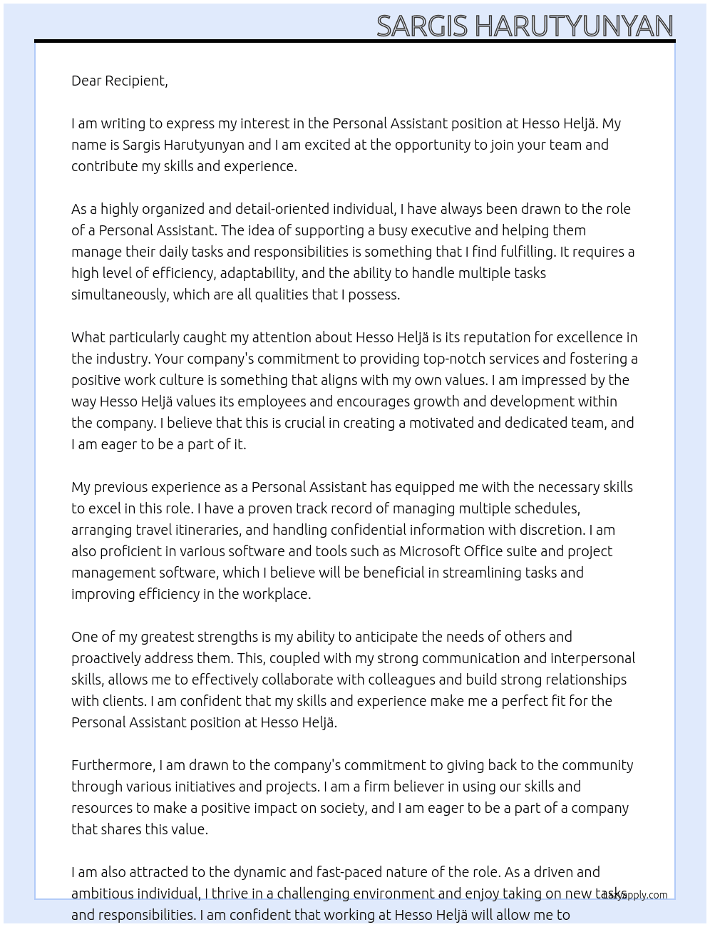 Cover letter for personal assistent - LazyApply