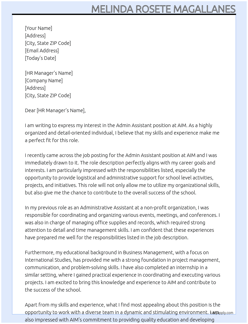 ADMIN ASSISTANT At AIM Cover Letter