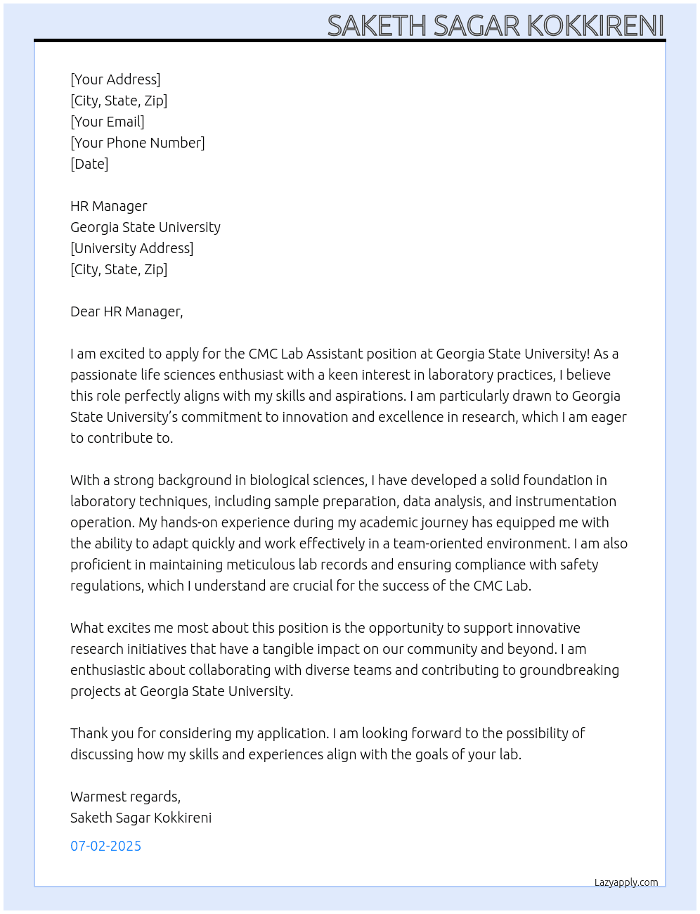 Cover letter for cmc lab assistant - LazyApply