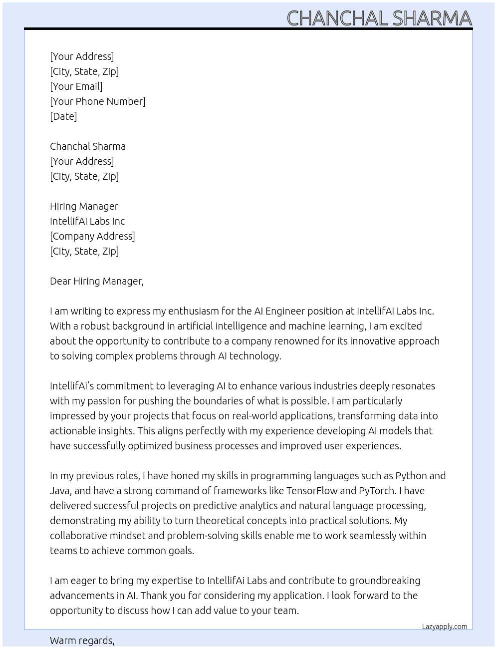 AI enginner At IntellifAi labs Inc Cover Letter