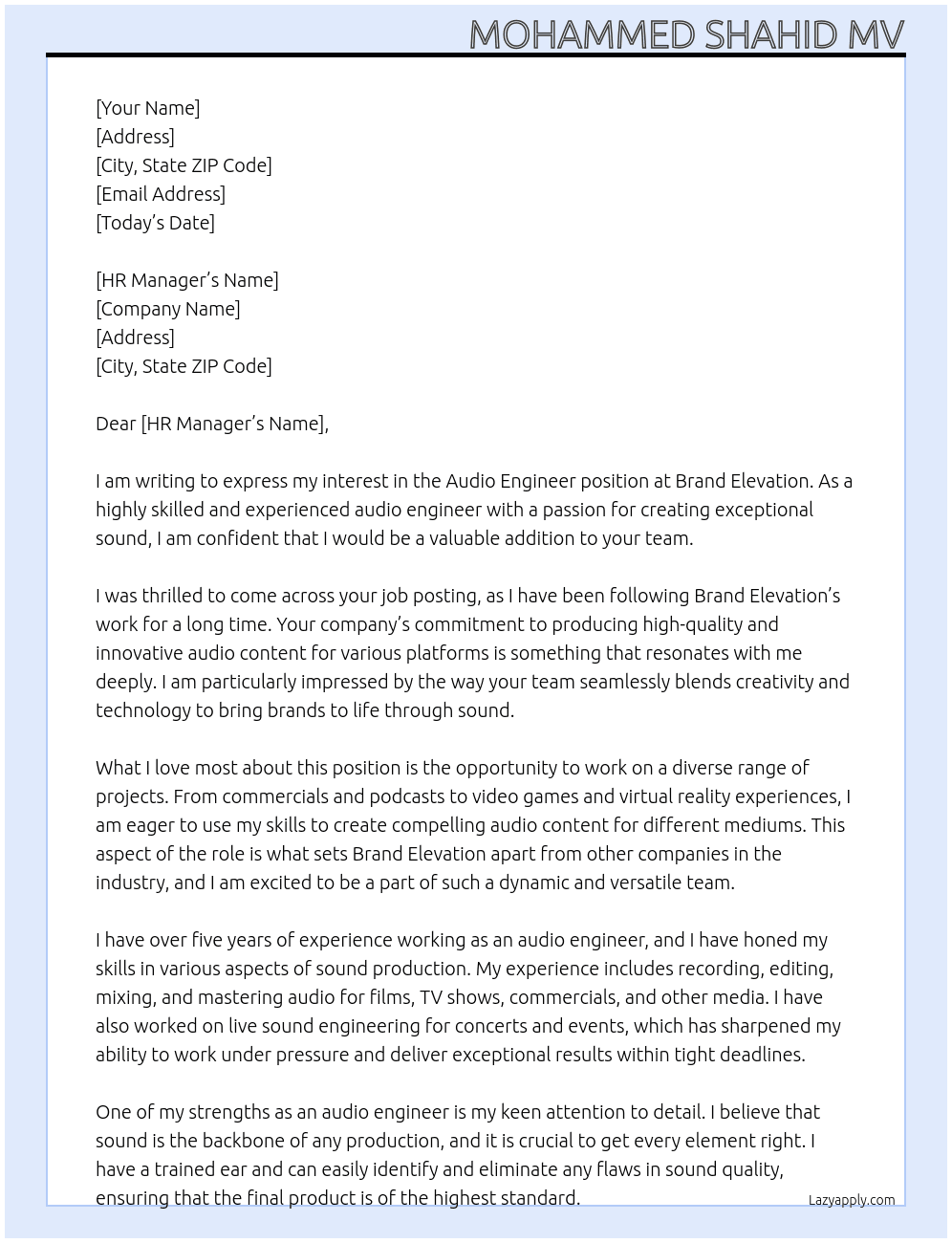 Audio Engineer  At Brand Elevation  Cover Letter