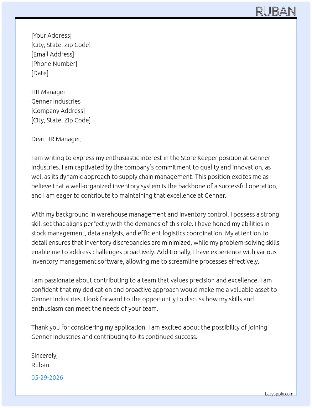 Store keeper  At Genner Industries  Cover Letter
