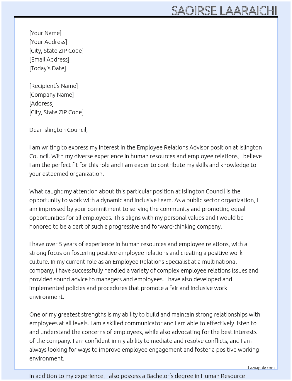 Employee Relations Advisor At Islington Council Cover Letter