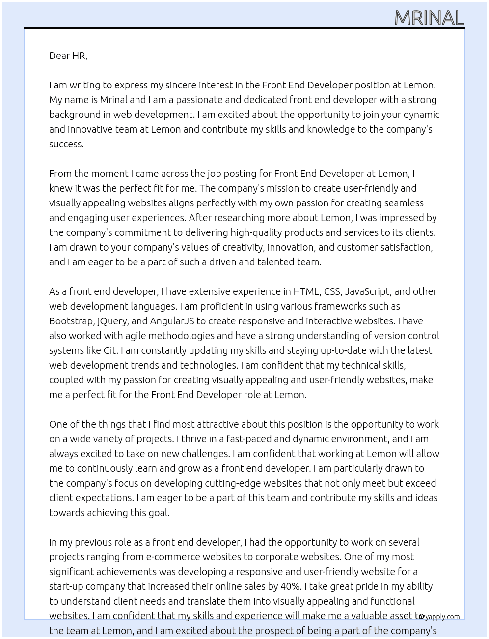front end developer At Lemon Cover Letter