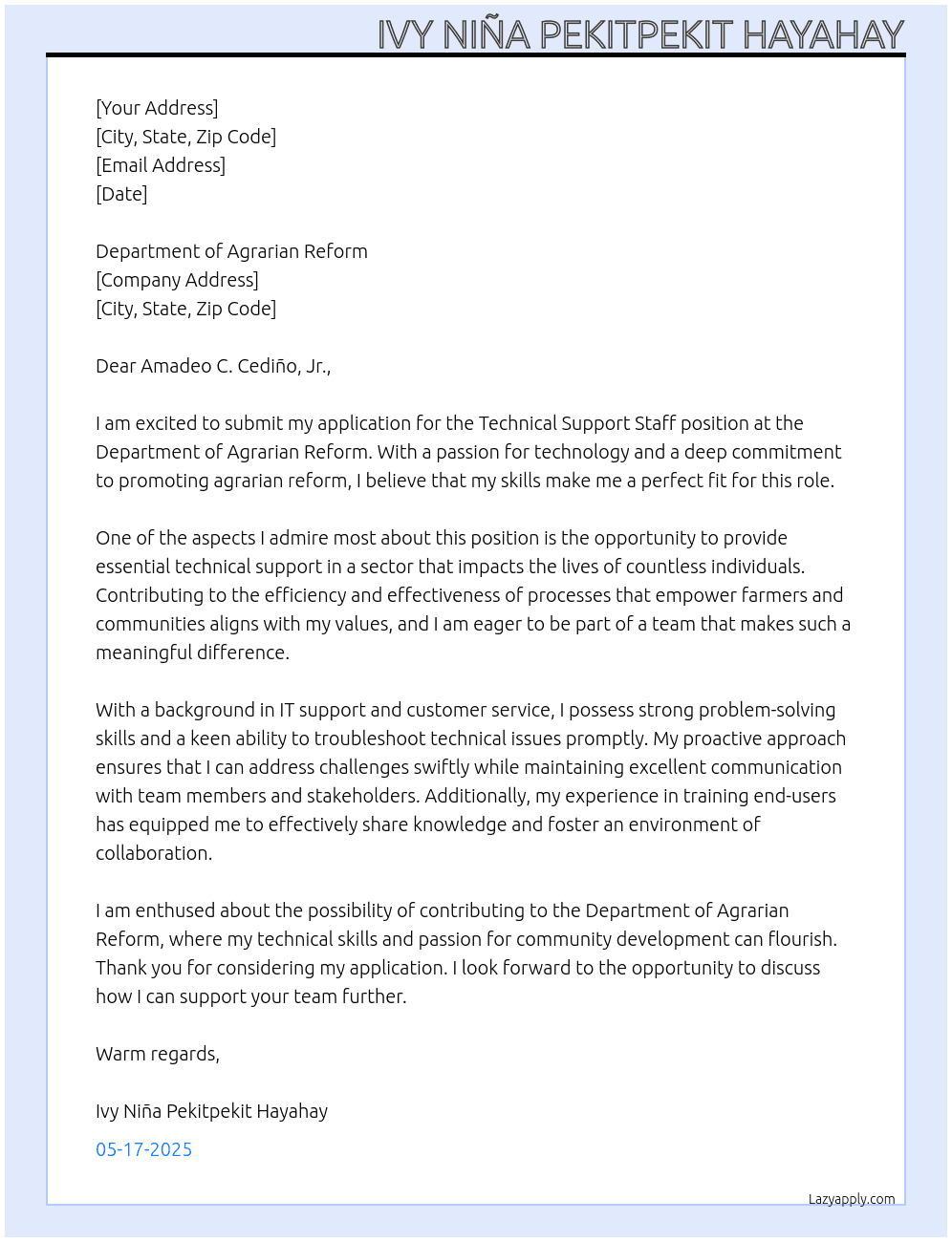 Technical Support Staff At Department of Agrarian Reform Cover Letter