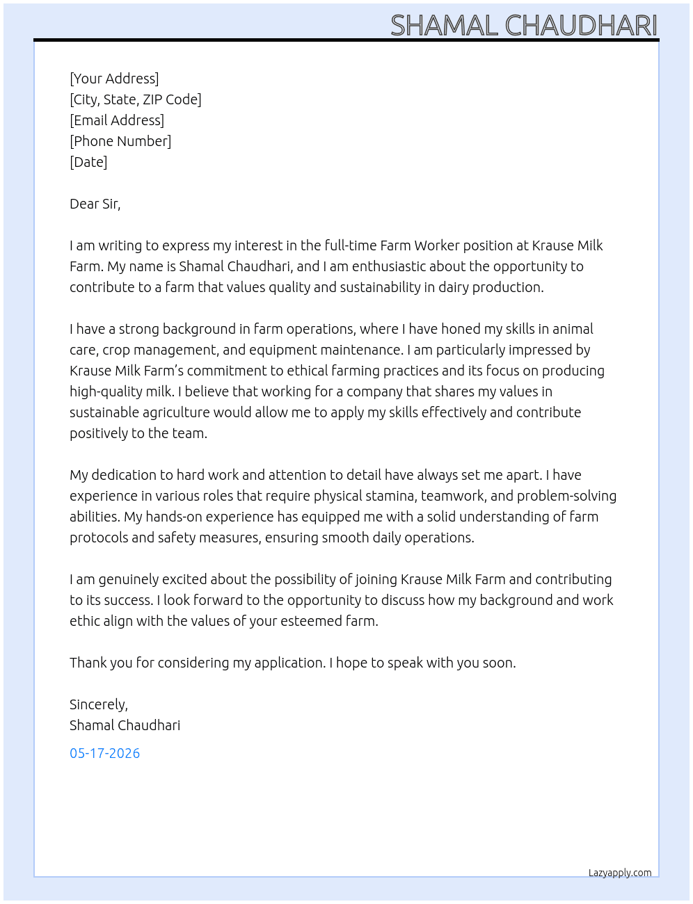 Cover letter for farm worker - LazyApply