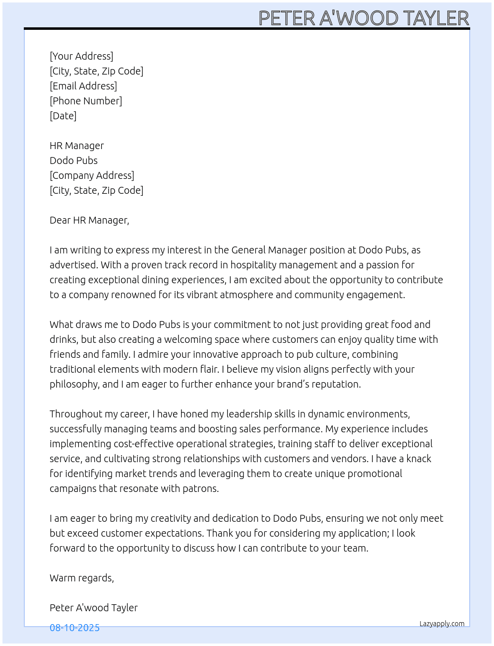 General Manager At Dodo Pubs Cover Letter