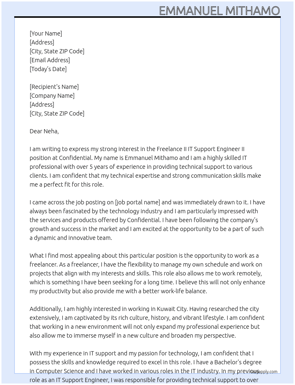 Freelance II IT Support Engineer II At Confidential Cover Letter