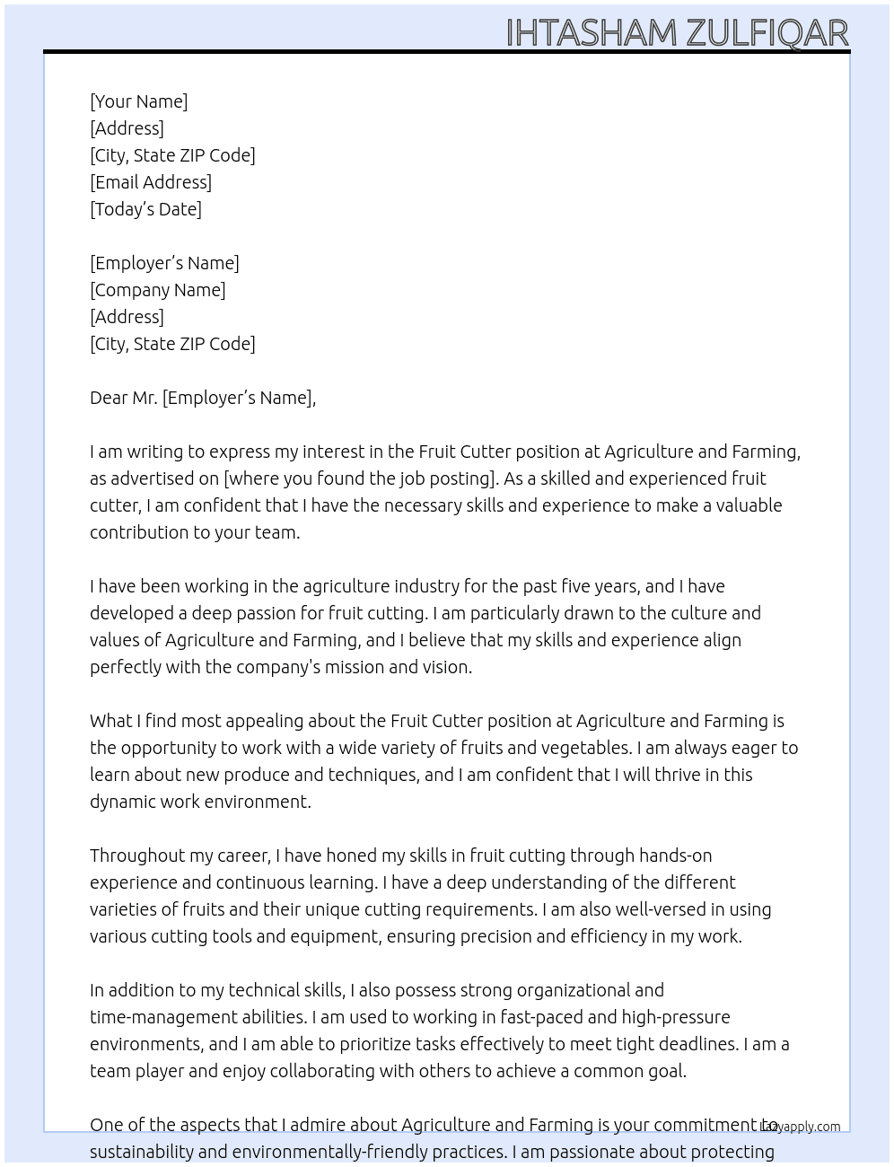Fruit cutter  At Agriculture and Farming  Cover Letter