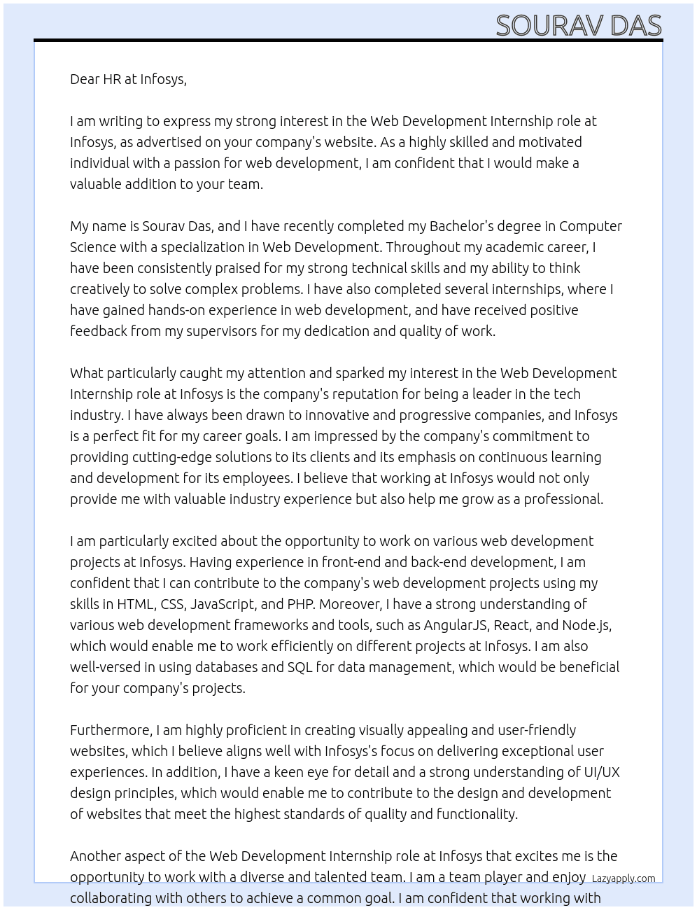 web Development At Infosys Cover Letter