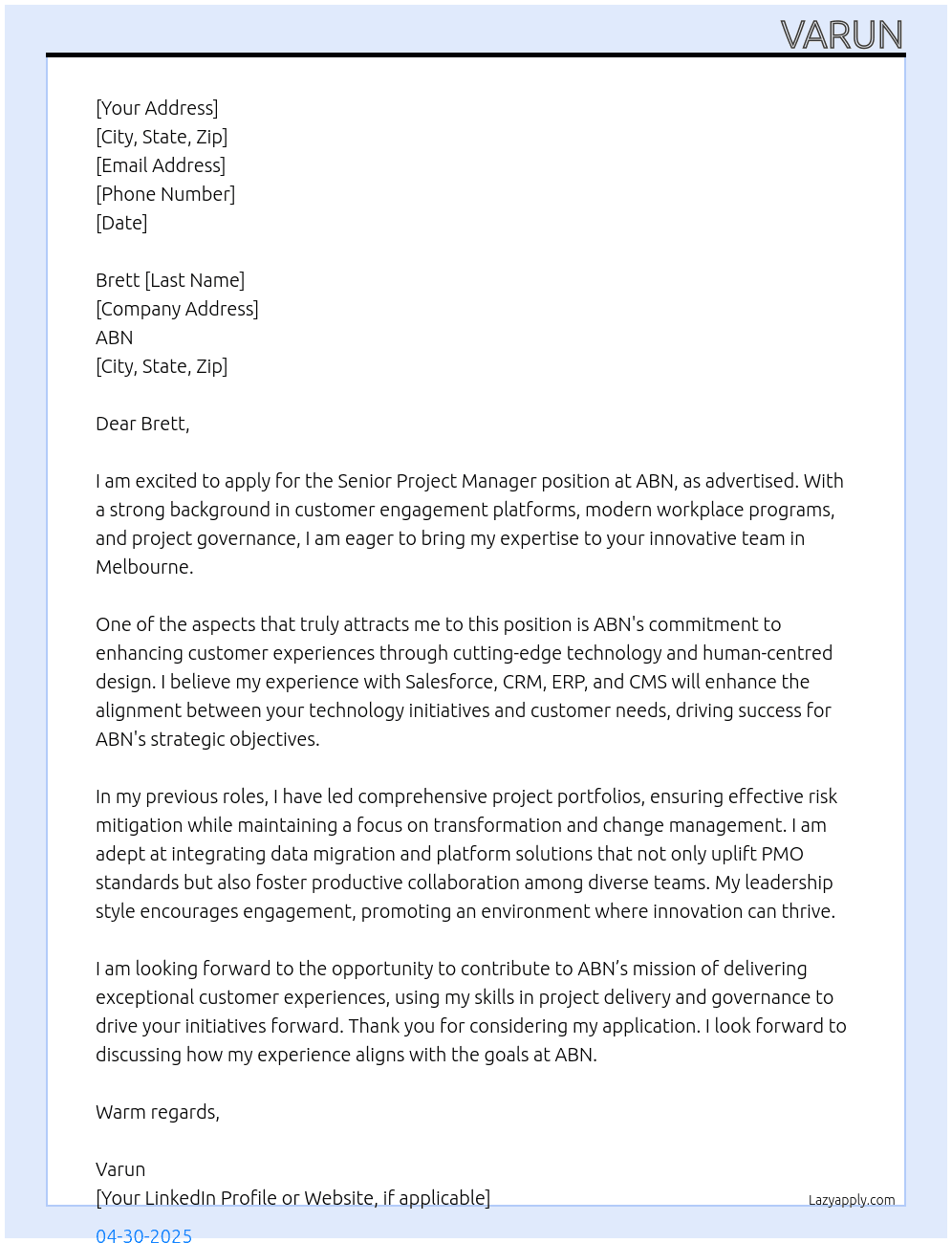 Senior Project Manager At ABN Cover Letter