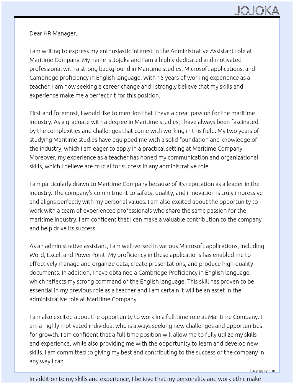 Administrative assistant  At Maritime company  Cover Letter