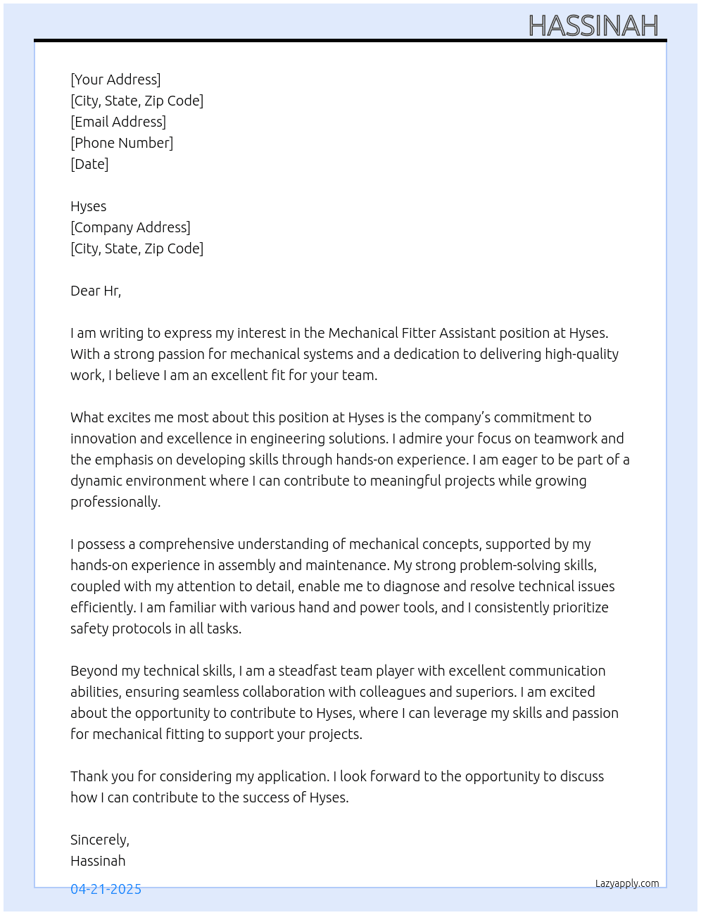 Mechanical Fitter Assistant  At Hyses  Cover Letter