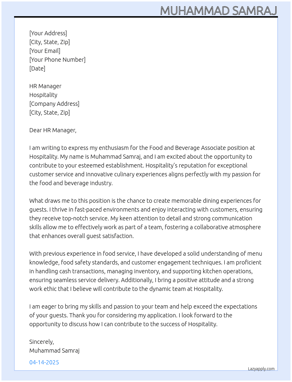 FOOD AND BEVERAGE ASSOCIATE At Hospitality Cover Letter