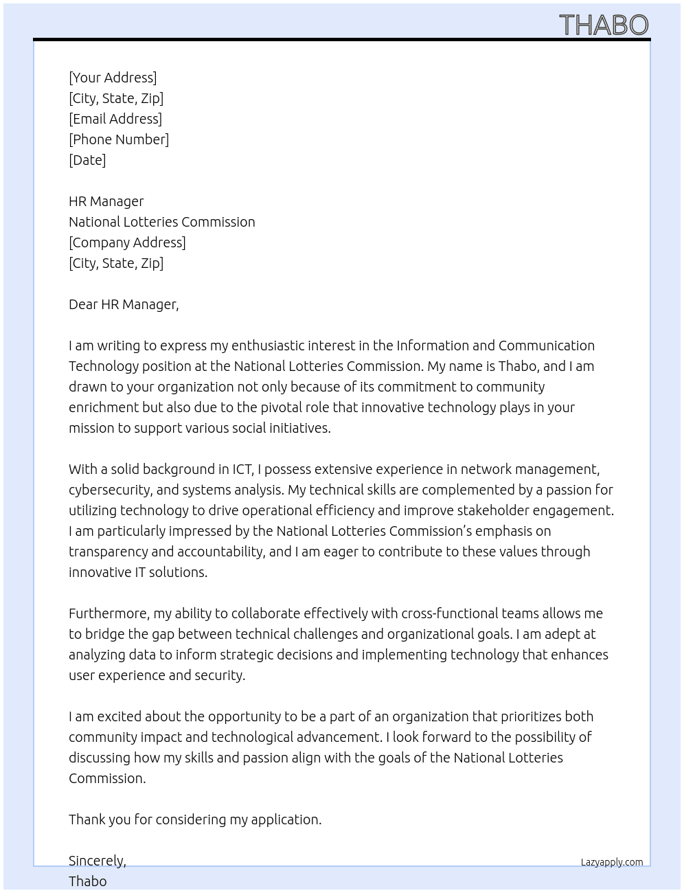Information and Communication Technology At National Lotteries Commission Cover Letter