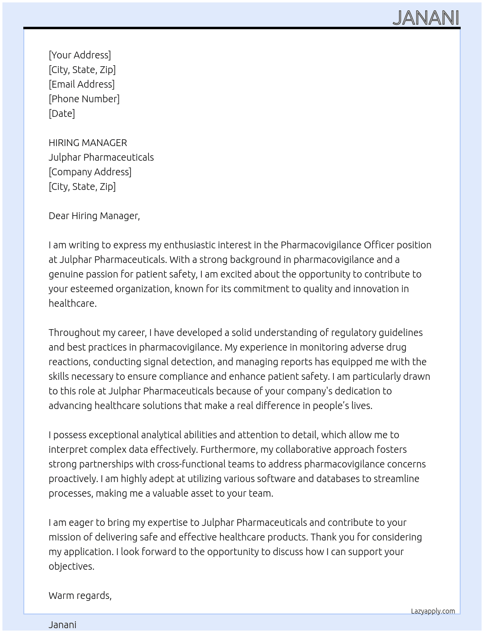 PHARMACOVIGILANCE OFFICER At JULPHAR PHARMACEUTICALS Cover Letter
