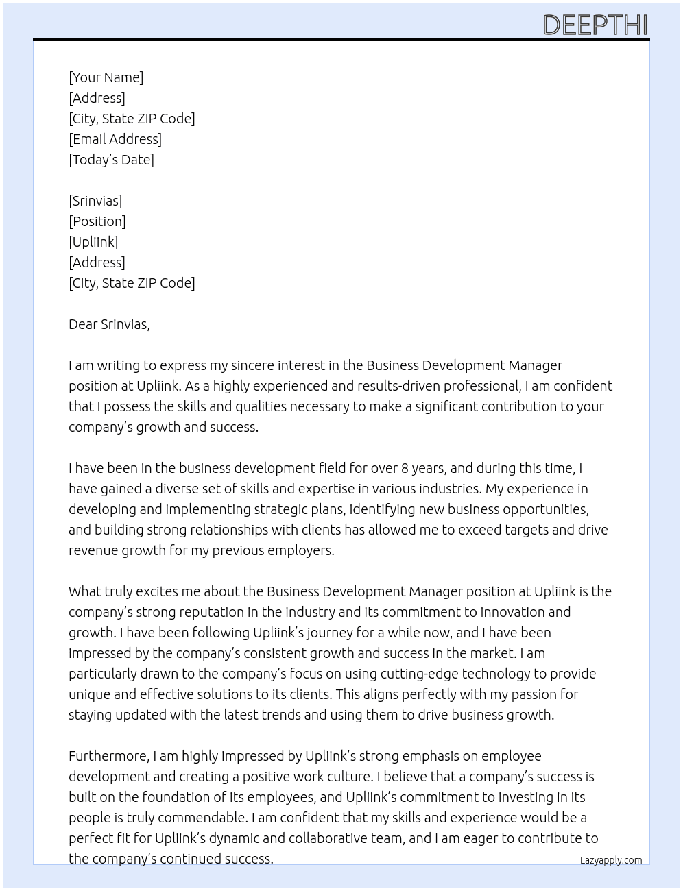 Business development managaer At upliink Cover Letter