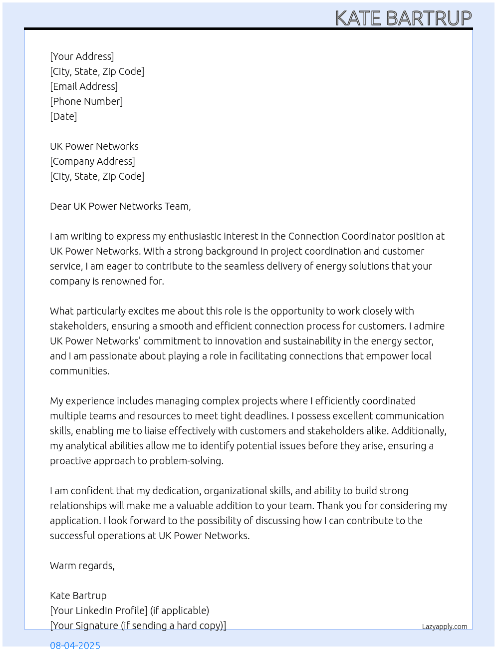 connection coordinator At uk power network Cover Letter