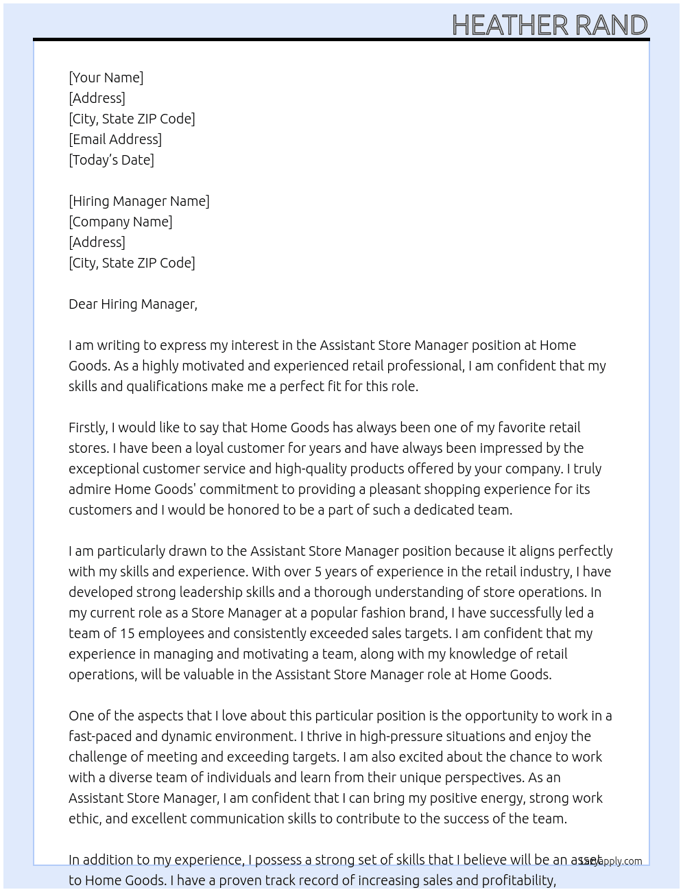 Assistant store manager At Home Goods Cover Letter