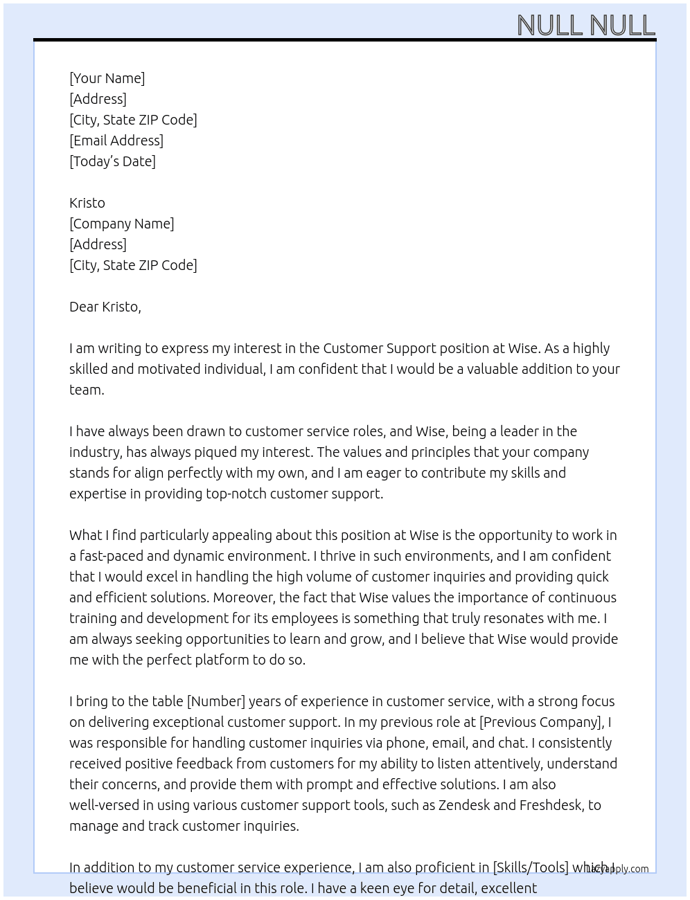 Customer support At Wise Cover Letter