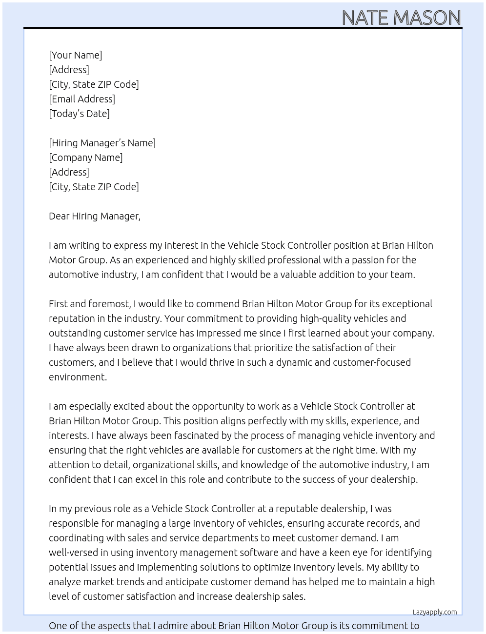 Vehicle stock controller  At Brian Hilton motor group  Cover Letter