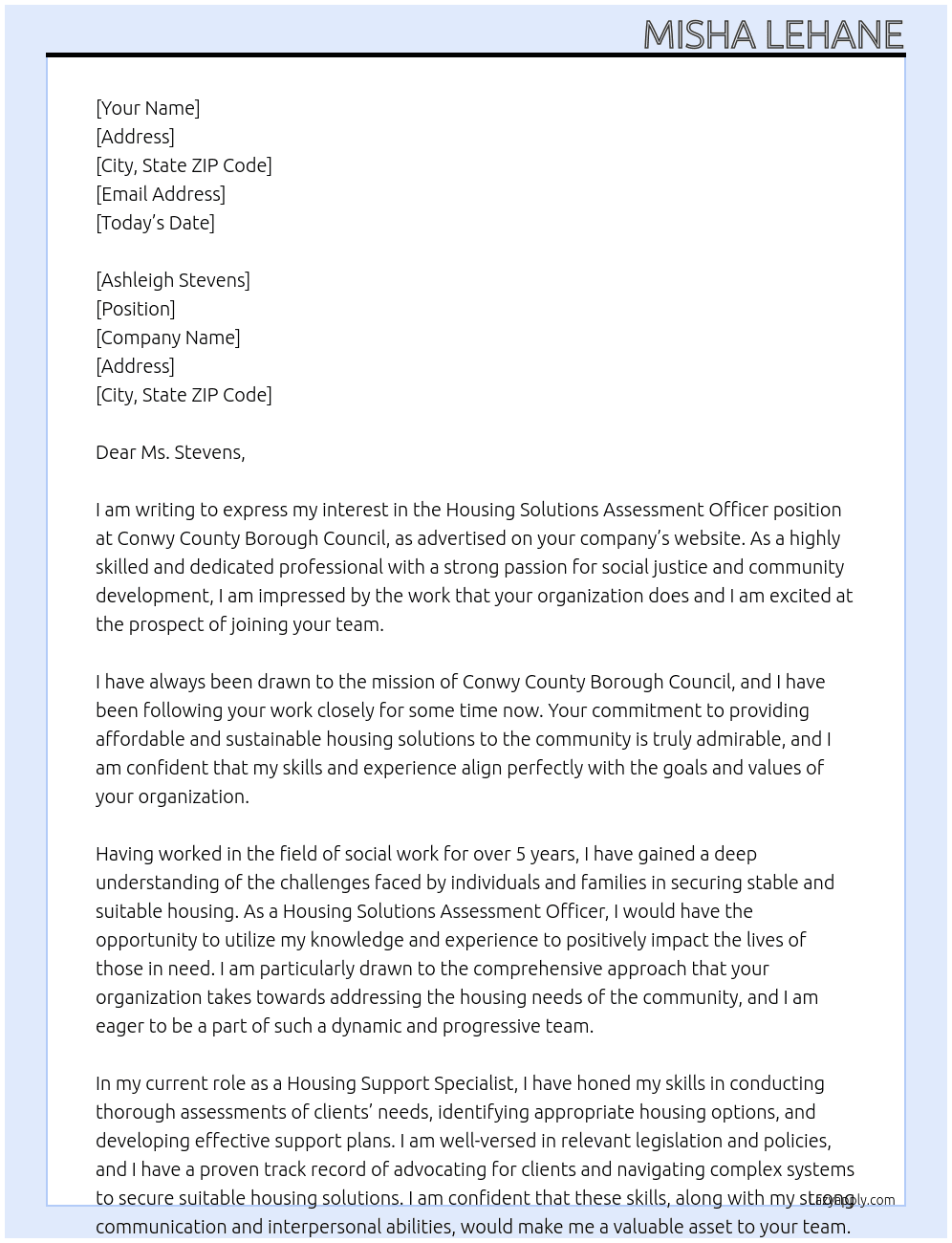Housing Solutions Assessment Officer At Conwy County Borough Council Cover Letter