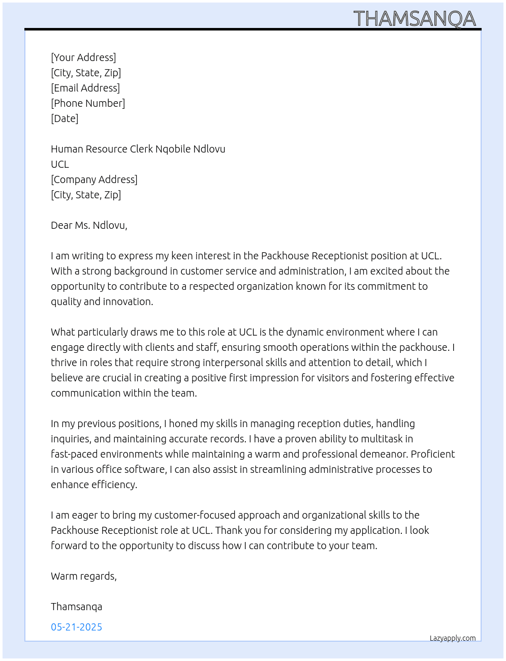 Packhouse Receptionist  At UCL Cover Letter