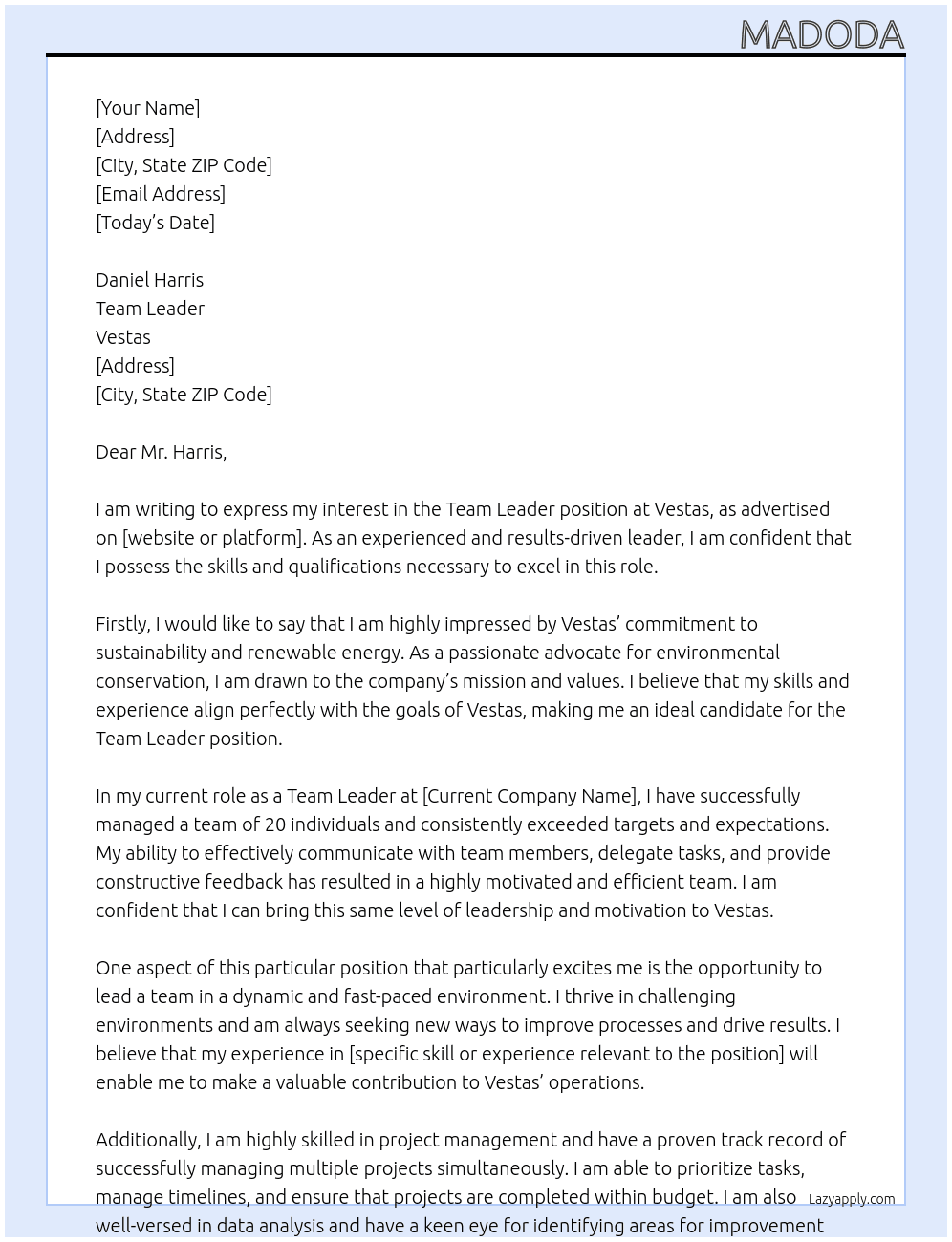 Team Leader At Vestas Cover Letter