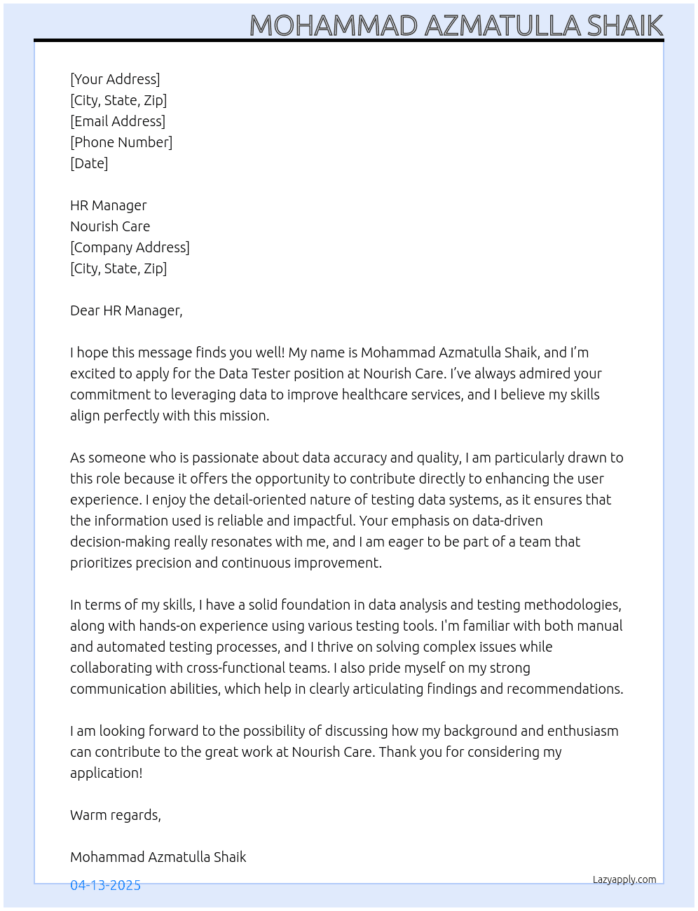 Cover letter for data tester - LazyApply