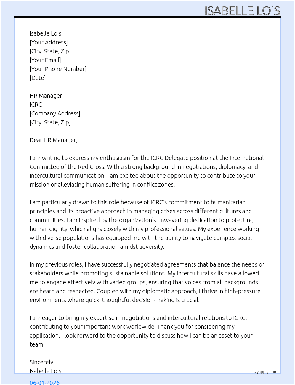 ICRC Delgate At ICRC Cover Letter