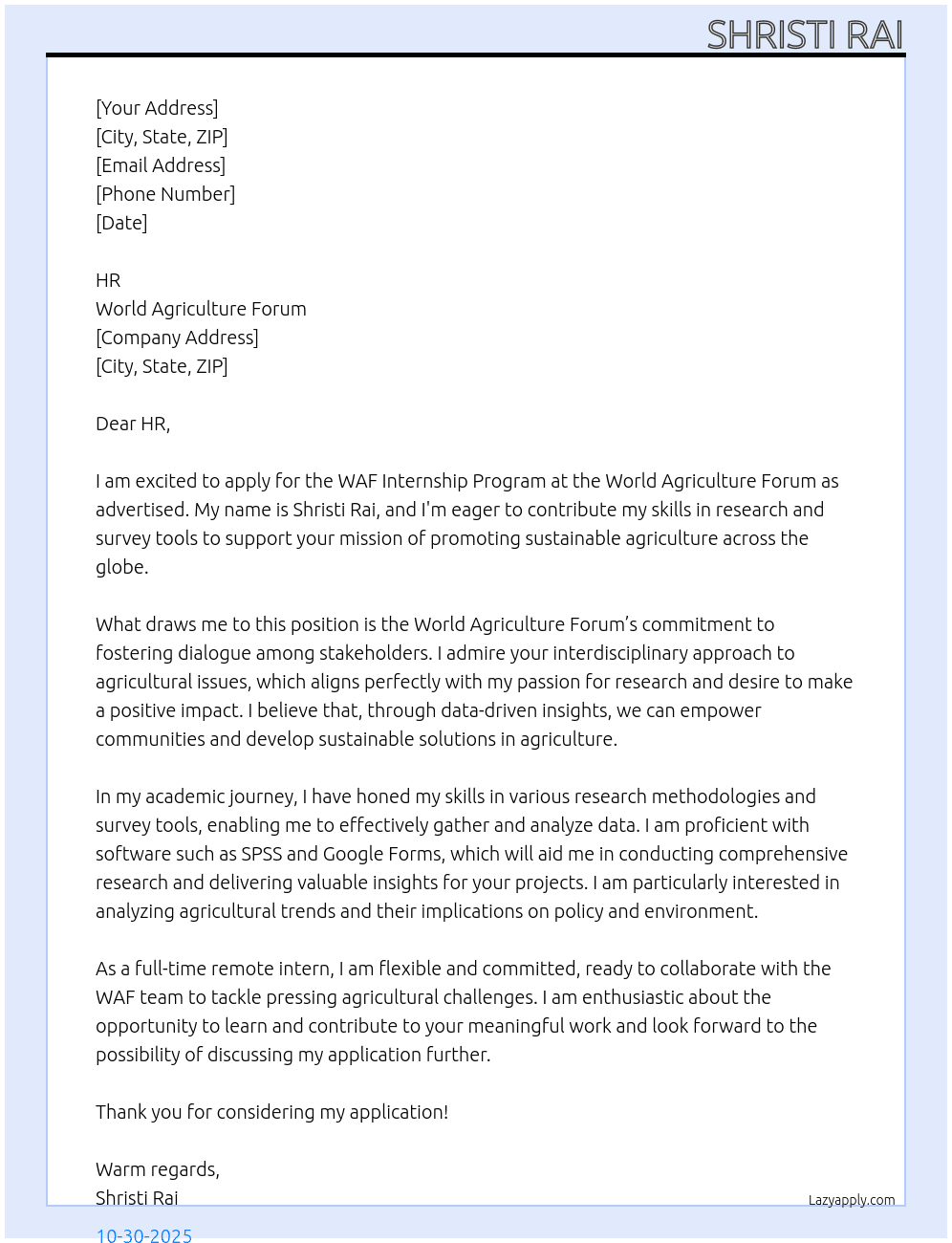 Cover letter for waf internship programe - LazyApply