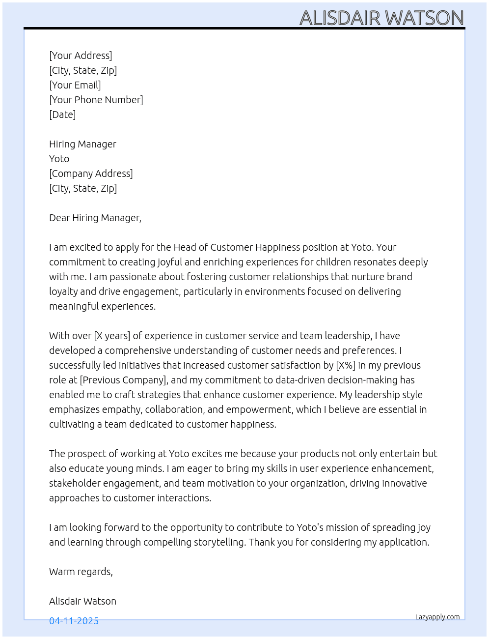 Head of Customer Happiness At Yoto Cover Letter