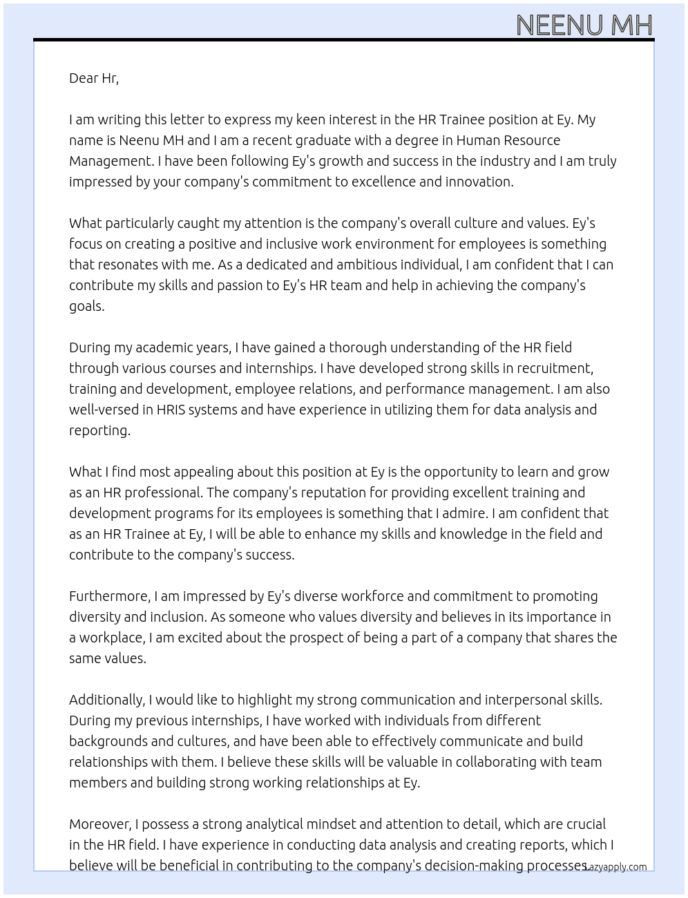 Hr Trainee  At Ey Cover Letter