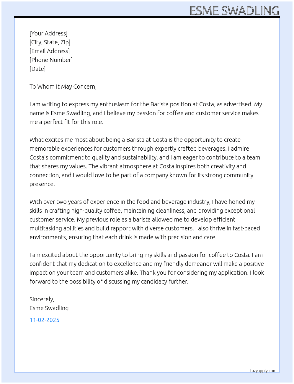 Costa Barsita  At Costa  Cover Letter