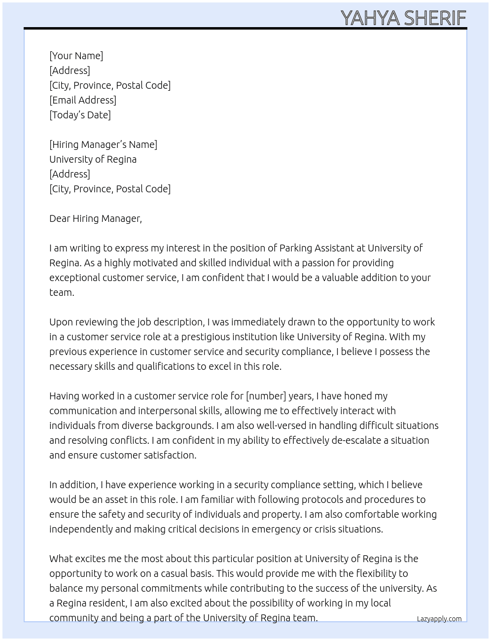 Cover letter for parking assistant - LazyApply